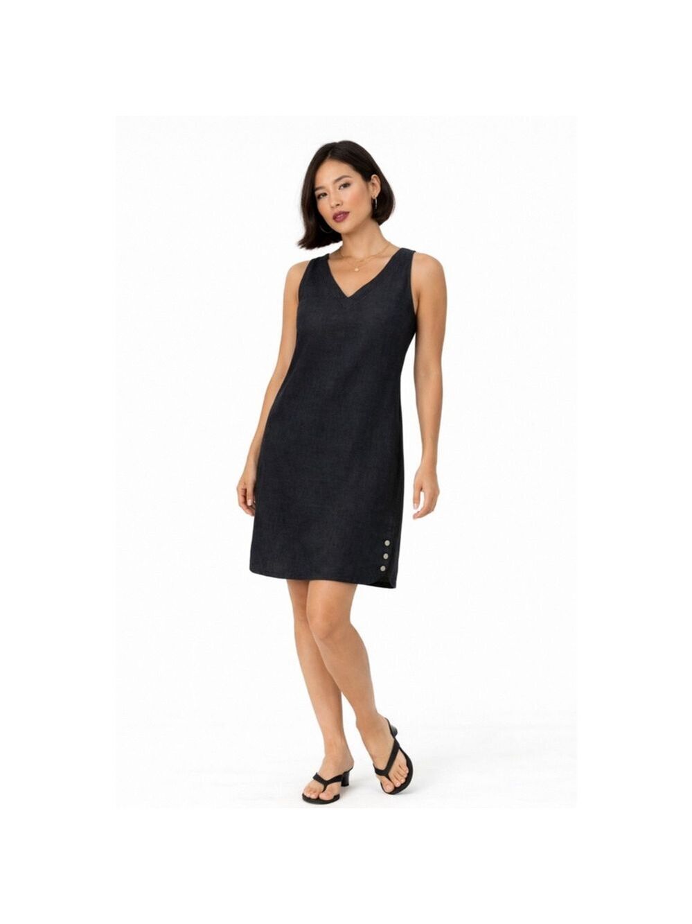 NICOLE MILLER 100% Linen V Neck Sleeveless Sheath Dress Black, Large